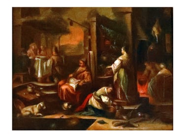 AN OIL ON CANVAS PAINTING "THE SUPPER AT EMMAUS" BY A FOLLOWER OF BASSANO FAMILY