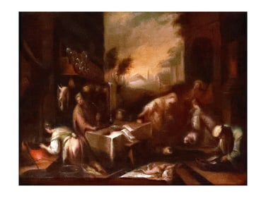 AN OIL ON CANVAS PAINTING "CHRIST IN THE HOUSE OF MARY AND MARTHA" BY A FOLLOWER OF JACOPO BASSANO