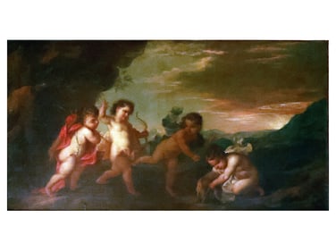 AN ITALIAN SCHOOL OIL ON CANVAS PAINTING OF FOUR PUTTI IN A LANDSCAPE, 17TH CEN.