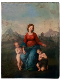 AN OIL ON PANEL PAINTING OF VIRGIN MARY WITH BABY JESUS AND JOHN THE BAPTIST, 17TH CEN.
