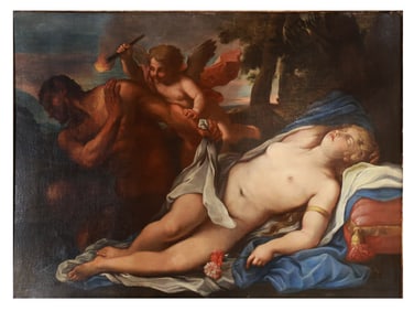AN OIL ON CANVAS PAINTING OF VENUS, SATYR AND CUPID, ATTR. ANTONIO BALESTRA (1666-1740)