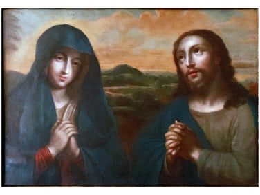 AN ITALIAN SCHOOL OIL ON TIN OR COPPER PAINTING OF JESUS CHRIST AND VIRGIN MARY, 17TH OR 18TH CEN.