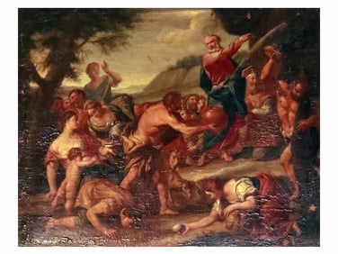 AN ITALIAN SCHOOL OIL ON CANVAS PAINTING OF MOSES STRIKING WATER FROM THE ROCK, 18TH CEN.