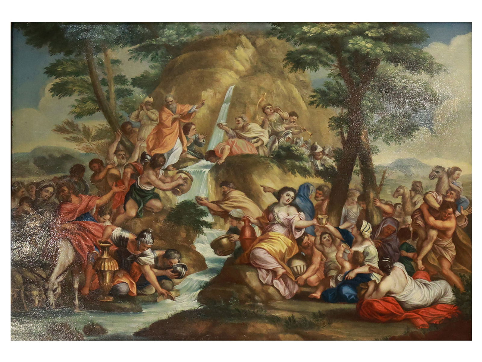AN OIL ON BOARD PAINTING "MOSES STRIKING THE ROCK", CIRCLE OF CIRO FERRI (ITALIAN, 1634–1689): A grand and dramatic Baroque composition depicting the biblical episode of Moses Striking the Rock at Horeb (Exodus 17:6), in which Moses, following God’s command, brings forth water from the rock t