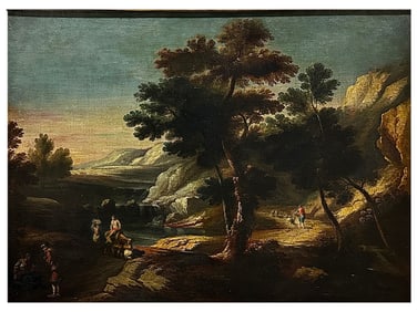 A LARGE ITALIAN SCHOOL OIL ON CANVAS PAINTING OF A LANDSCAPE SCENE, 18TH CEN.