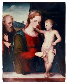 AN ITALIAN SCHOOL OIL ON PANEL PAINTING OF THE SACRED FAMILY, 17TH CEN.