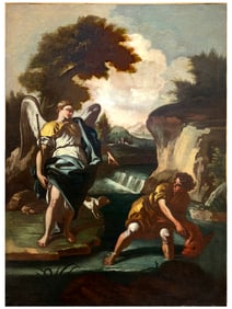 AN OIL ON CANVAS PAINTING, TOBIAS AND ARCHANGEL RAPHAEL, NAPLES SCHOOL, 17TH CEN.