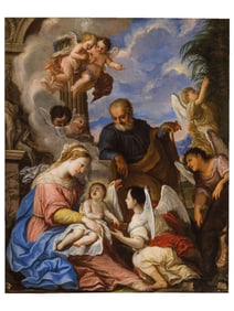 A EUROPEAN OIL ON CANVAS, THE HOLY FAMILY WITH ANGELS, 18TH CENTURY