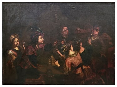 AN ITALIAN SCHOOL OIL ON CANVAS PAINTING OF SIX CHILDREN PLAYING, 17TH CEN.