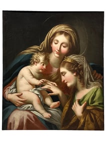 AN ITALIAN SCHOOL OIL ON CANVAS PAINTING OF THE MYSTICAL MARRIAGE OF ST. CATHERINE, 18TH CEN.