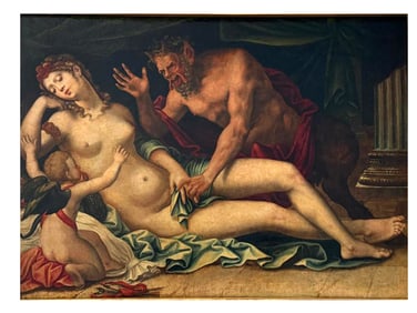 A VENUS AND SATYR SCHOOL OF FONTAINEBLEAU, CIRCA 1570–1580, OIL ON PANEL