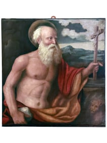 A FRANCESCO BISSOLO ITALIAN RENAISSANCE OIL ON CANVAS PAINTING OF SAINT JEROME