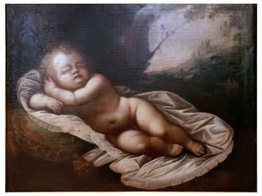 AN ITALIAN SCHOOL OIL ON CANVAS PAINTING, THE SLEEPING CHRIST CHILD, 17TH CEN.