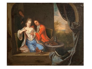 AN OIL ON CANVAS DUTCH SCHOOL GALANT SCENE, 18TH C.