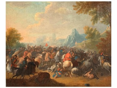 AN OIL ON CANVAS BATTLE SCENE, POSSIBLY DUTCH OR FLEMISH SCHOOL, 17TH–18TH CENTURY