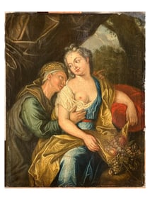 A THEODOR NETSCHER (DUTCH, 1661–1728) VERTUMNUS AND POMONA, OIL ON PANEL PAINTING