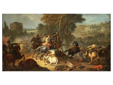 A EUROPEAN OIL ON CANVAS BATTLE SCENE, ATTRIBUTED TO JAN PEETER VERDUSSEN (FLEMISH, 1700–1763)