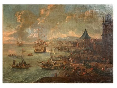 A PIETER CASTEELS II, FLEMISH, OIL ON CANVAS PAINTING OF A HARBOUR SCENE, 17TH CEN.