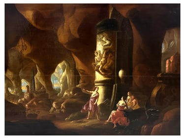 AN OIL ON PANEL ALLEGORICAL SCENE IN CAVE