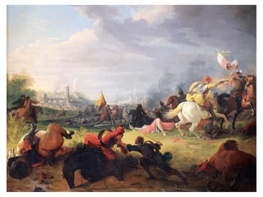 GEORG PHILIPP RUGENDAS THE ELDER (GERMAN, 1666–1742) A LARGE OIL ON CANVAS CAVALRY BATTLE SCENE