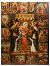 A NORTHERN SCHOOL OIL ON BOARD MADONNA DEL ROSARIO AND 15 SCENES PASSION OF CHRIST, 16TH CEN.
