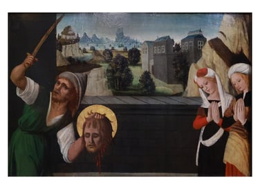 AN OIL ON BOARD PAINTING JOHN THE BAPTIST BEHEADING, FLEMISH SCHOOL, CIRCA 1480-1490S