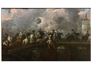 AN OIL ON CANVAS BATTLE SCENE, POSSIBLY DUTCH OR FLEMISH SCHOOL, 17TH–18TH CENTURY
