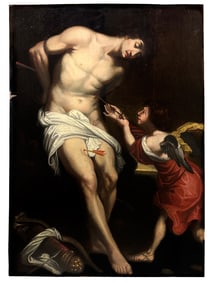A FLEMISH SCHOOL OIL ON CANVAS PAINTING OF SAINT SEBASTIAN, 17TH CEN.
