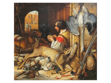 AN OIL ON CANVAS, "THE HUNTER AT REST," BY BERKER, 19TH CENTURY
