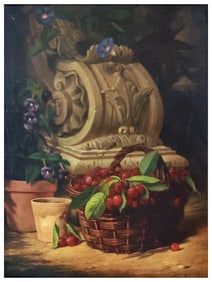 A JULES CARON, FRENCH, OIL ON CANVAS STILL LIFE PAINTING WITH FLOWERS AND CHERRIES