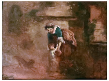 A FRENCH SCHOOL OIL ON TIN PAINTING OF A MOTHER AND CHILD, 19TH CEN.