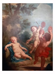 A FRENCH SCHOOL OIL ON CANVAS PAINTING OF THE INFANT BACCHUS WITH PUTTI, 18TH CEN.