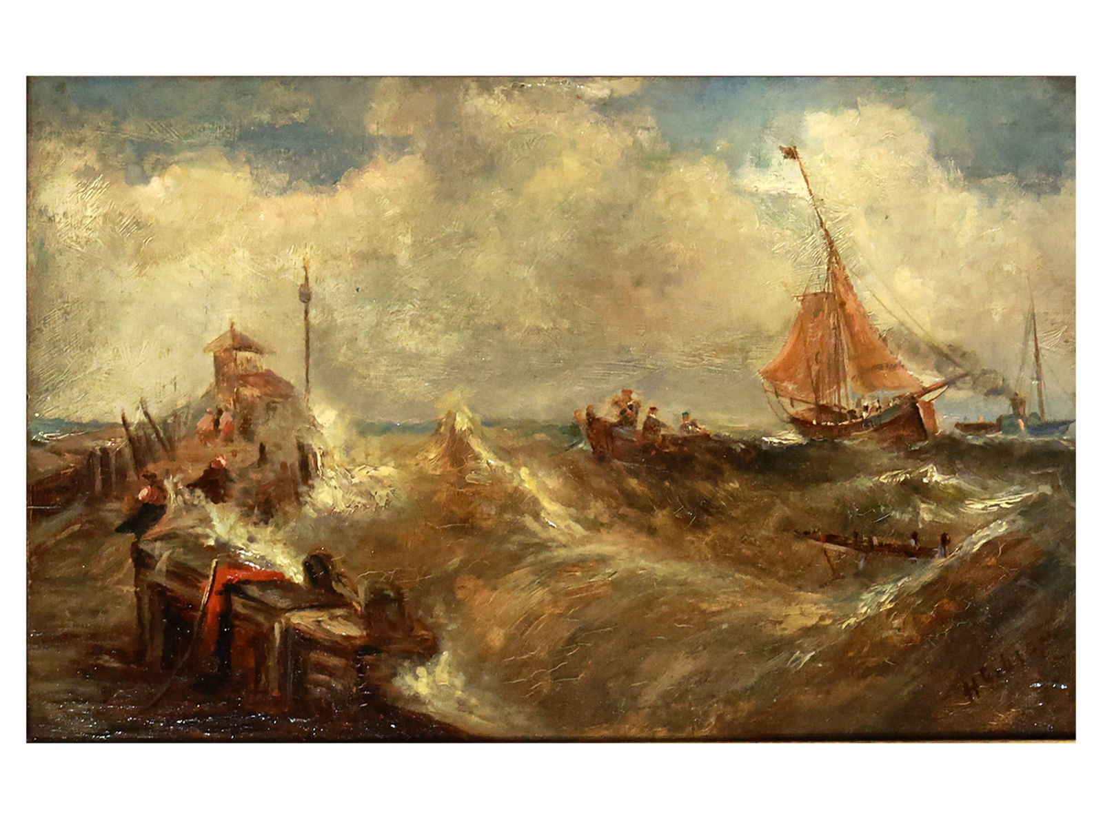 AN OIL ON BOARD BY H. GILL (BRITISH SCHOOL, 19TH CENTURY), STORMY SEAS AT THE PIER: Oil on panel, signed lower right "H. Gill." A dramatic marine scene depicting a turbulent coastal view with high surf battering a pier crowded with figures as ships struggle against the waves. The pri