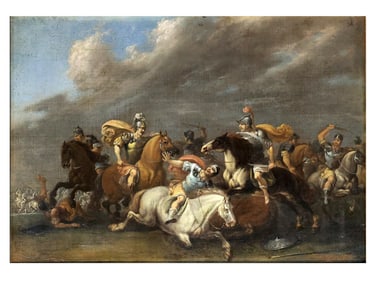 A EUROPEAN OIL ON CANVAS BATTLE SCENE, 17TH–18TH CENTURY