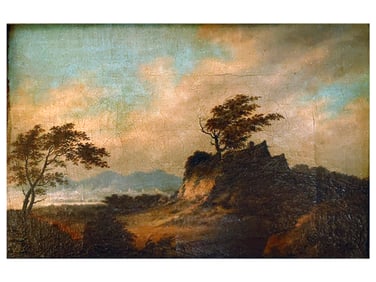 A EUROPEAN SCHOOL OIL ON CANVAS PAINTING OF A LANDSCAPE SCENE, 17TH CEN.
