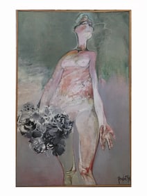 AN OIL ON CANVAS PAINTING BY ZBYLUT GRZYWACZ (POLISH, 1939–2004), FIGURE WITH FLOWERS, 1974