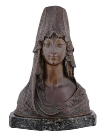 A CAST BRONZE BUST OF A SPANISH LADY IN A MANTILLA, SIGNED "ESCARDO," CIRCA 1900
