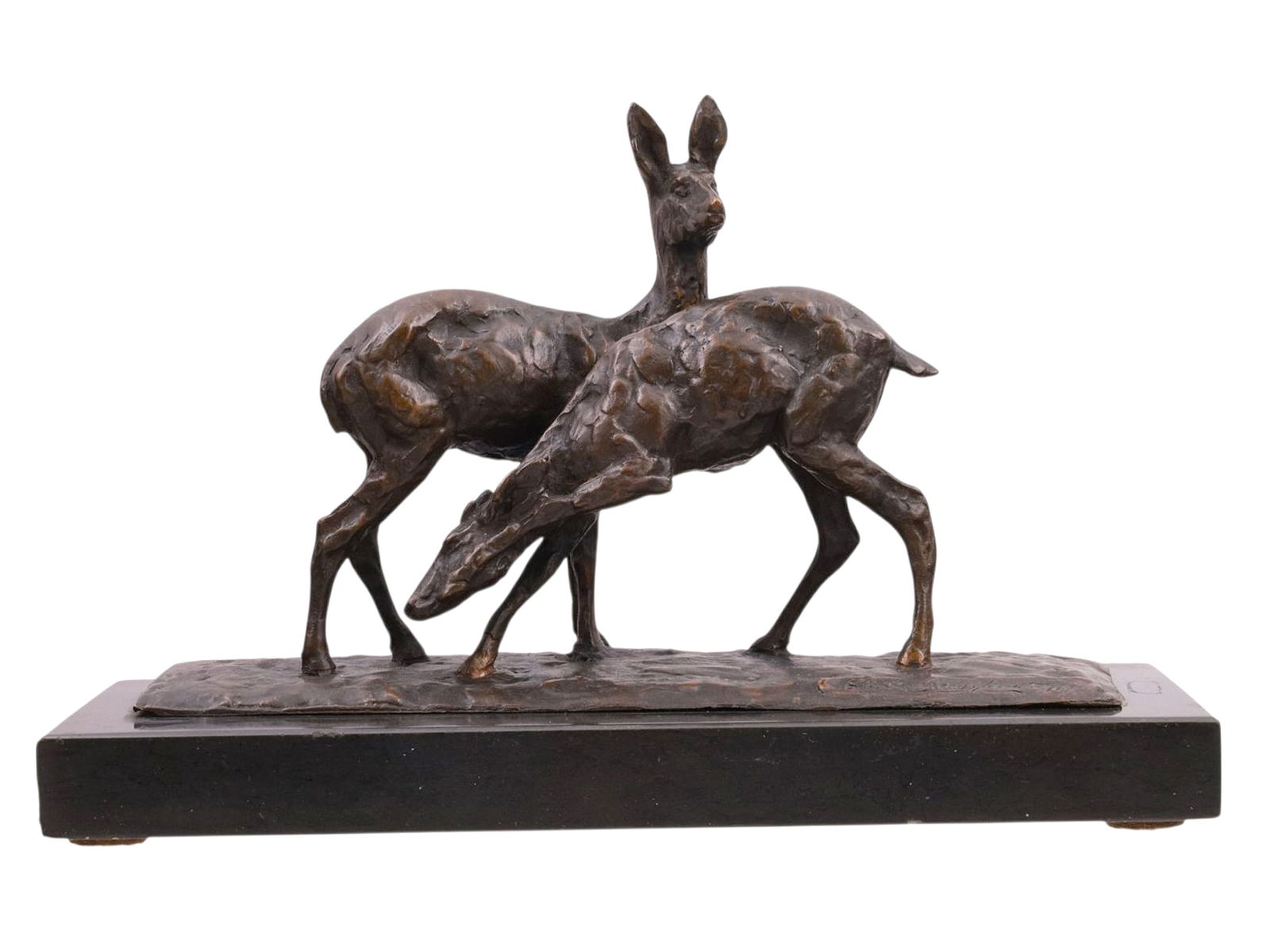 A GUIDO CACCIAPUOTI (1892–1953) BRONZE OF TWO DEER: A Bronze sculpture made by Guido Cacciapuoti (1892–1953). Born into a family of Neapolitan ceramists, he emerged as a prominent Italian sculptor and ceramist of the early 20th century. In 1931, he f