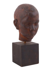 AMERICAN ART DECO CARVED EBONIZED WOOD HEAD BUST OF A YOUNG BOY, CA. 1940S