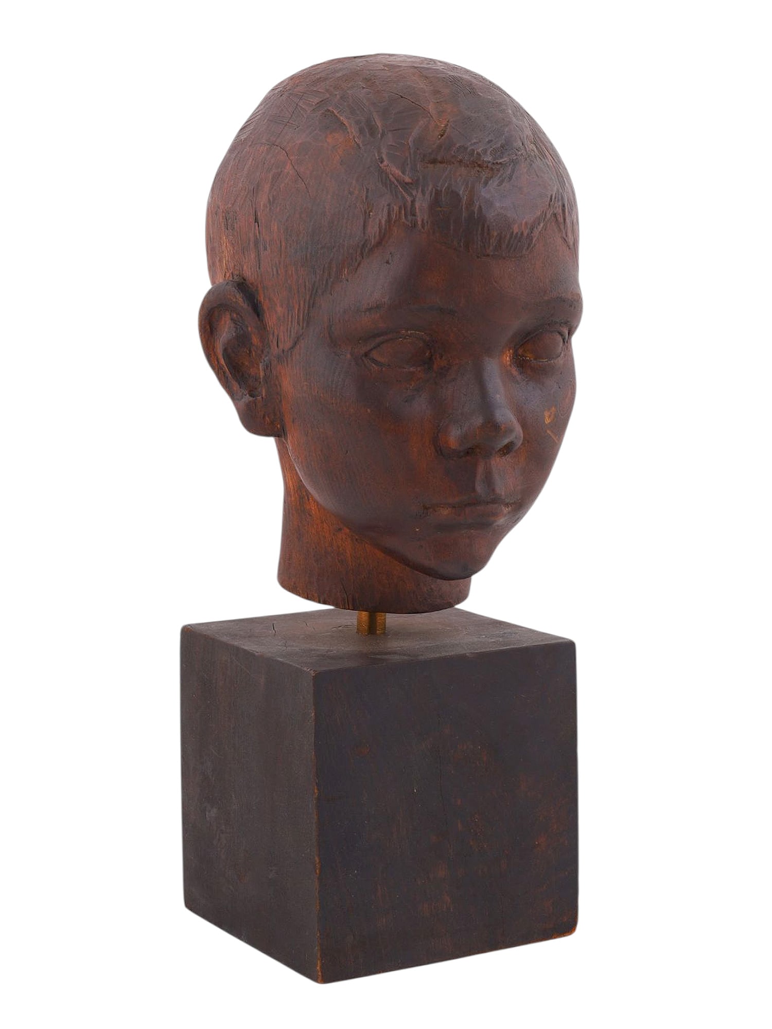 AMERICAN ART DECO CARVED EBONIZED WOOD HEAD BUST OF A YOUNG BOY, CA. 1940S (1 of 6)