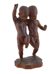 DANCING BOYS, BLACK FOREST HAND CARVED WOOD SCULPTURE, SIGNED