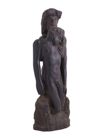 AMERICAN MODERNIST WOODEN SCULPTURE, TWO NUDE MALES COMPOSITION, CA 1940S