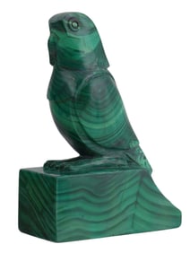 A CARVED MALACHITE PARROT, INSCRIBED "E M SANDOZ", 20TH CENTURY