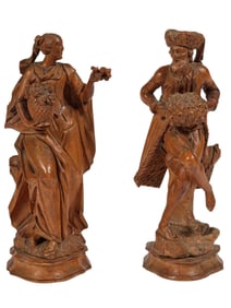 A PAIR OF CARVED WOODEN FIGURES: ALLEGORIES OF WINTER AND SUMMER, VENECE, 18TH CENTURY
