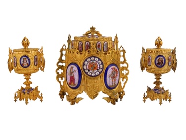 A SEVRES COBALT PORCELAIN AND ORMOLU CLOCK SET, FRANCE, CA 1850'S