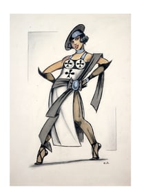 A RUSSIAN COSTUME DESIGN SKETCH DRAWING FOR A FEMALE CHARACTER, SIGNED