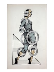 A RUSSIAN FUTURISM COSTUME DESIGN DRAWING FOR A FEMALE CHARACTER, SIGNED