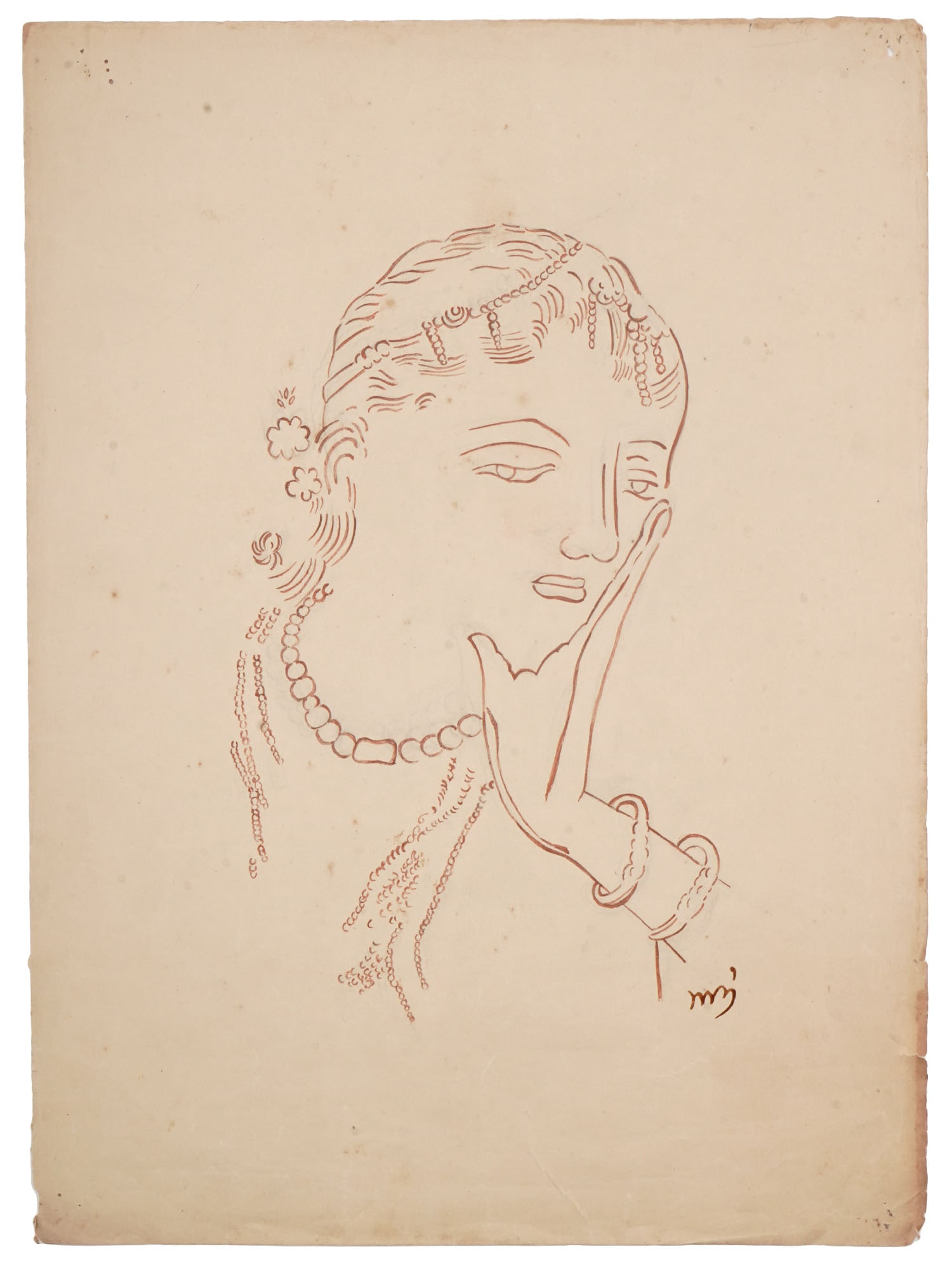 A BENGAL SCHOOL INK ON PAPER DRAWING AFTER NANDALAL BOSE: The drawing depicts a head of a young women copied from a fresco in one of the Buddhist caves at Bagh in the Amjhera District of Gwalior State, Central India. The original fresco was painted in the 6t