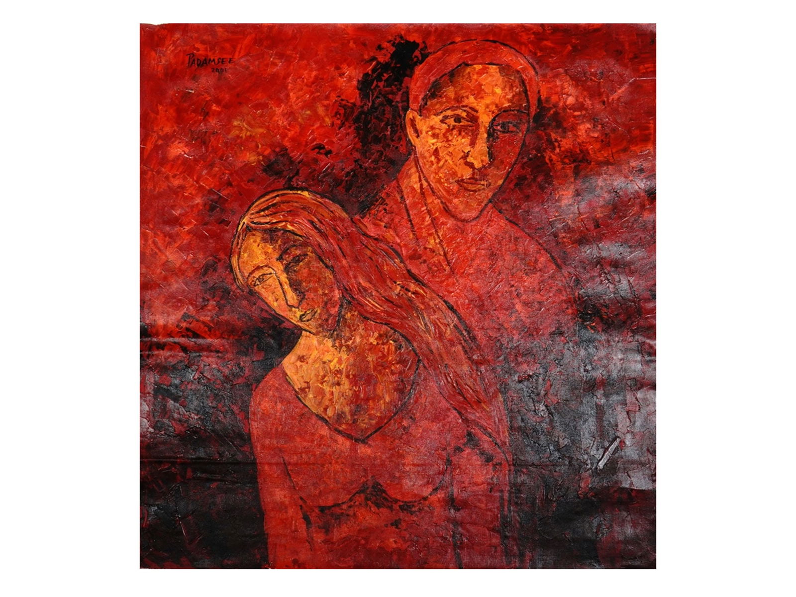 AN AKBAR PADAMSEE, ATTR, INDIAN, OIL ON CANVAS PAINTING, 2001: Akbar Padamsee (Indian, 1928 - 2020), an oil on canvas painting depicting a male and a female. Signed and dated upper left: 'Padamsee 2001.' We do not have the COA and only attribute this lot to Akbar