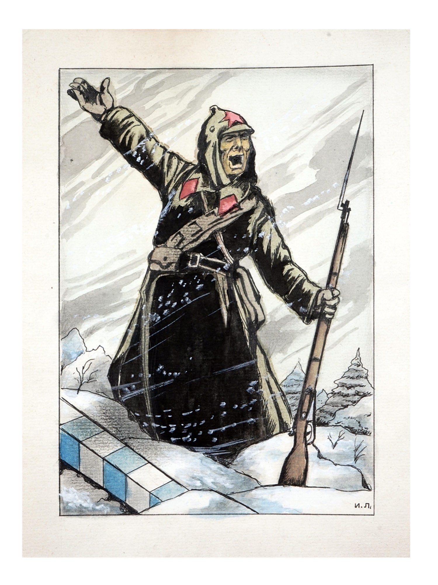 A SOVIET PRELIMINARY SKETCH DRAWING FOR A PROPAGANDA POSTER, WINTER WAR, FINLAND (1 of 3)